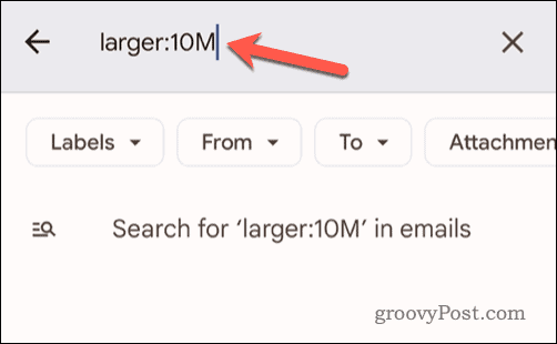 Mobil cihazdaki Gmail arama çubuğunda e-posta boyutu kriterlerini ayarlama