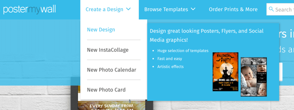 PosterMyWall ile bir grafik oluşturmak için Tasarım Oluştur> Yeni Tasarım'ı seçin.