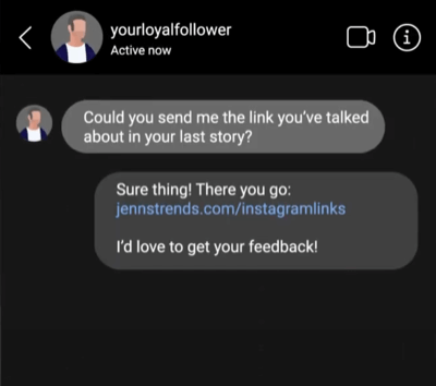 Mesaj yanıtına eklenen bir bağlantıya sahip bir instagram doğrudan mesaj örneği