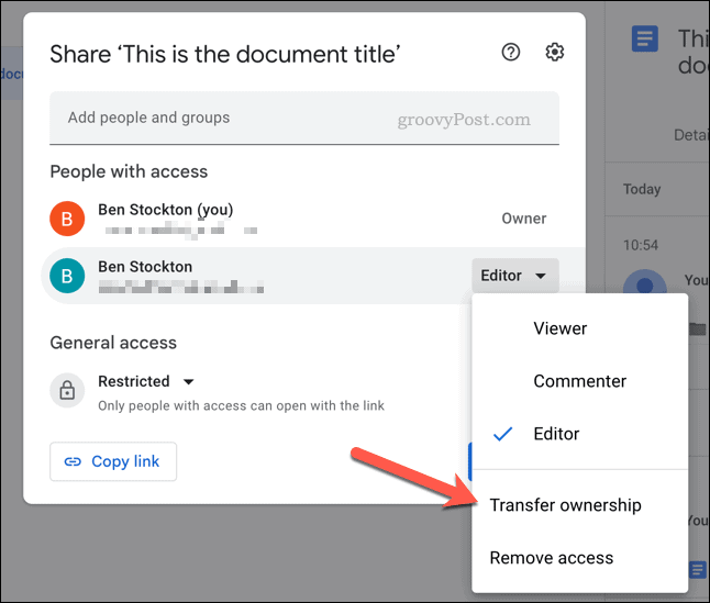 Google Drive'daki bir dosyanın sahipliğini aktarma