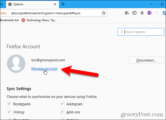 Windows için Firefox'ta Hesabı yönet'i tıklayın
