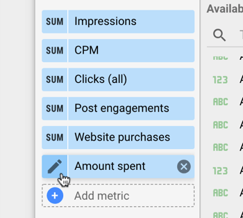 Facebook reklamlarınızı analiz etmek için Google Data Studio'yu kullanın, 11. adım, grafik verileri için metrik ayarlarını düzenleyin