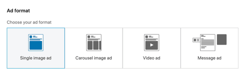 LinkedIn reklam biçimi için seçilen Tek Resimli Reklam seçeneğinin ekran görüntüsü
