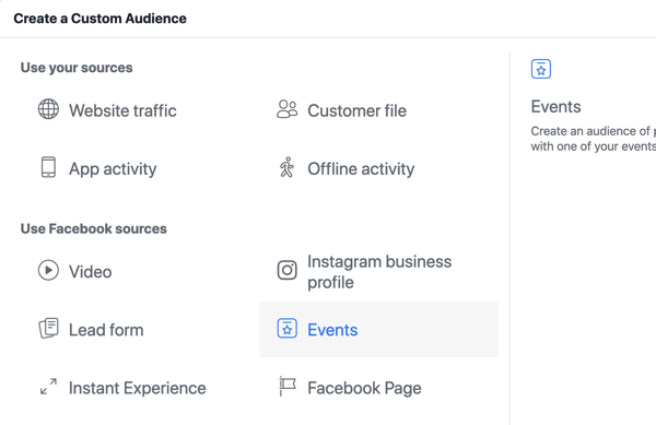 Facebook'ta canlı etkinliğinizi nasıl tanıtabilirsiniz? 10. adım, Facebook Reklam Yöneticisi'nde etkinlik sayfası görüntülemelerine göre özel kitle oluşturma