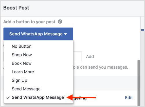 Bir Facebook gönderisini artırdığınızda WhatsApp Mesajı Gönder seçeneğini seçin.