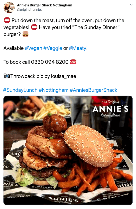 @original_annies tarafından, akılda kalıcı bir açıklama, telefon numaraları, resim kredisi ve hashtag'ler altında bir burger ve tatlı patates kızartması resmi içeren twitter gönderisinin ekran görüntüsü