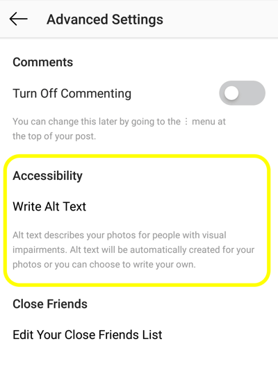 Instagram gönderilerine alt metin nasıl eklenir, 2. adım, alt etiketi ayarlamak için Instagram gönderisi erişilebilirlik seçeneği
