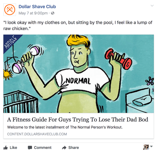 Dollar Shave Club, Facebook iş sayfasında alakalı ve zekice içerik paylaşıyor.
