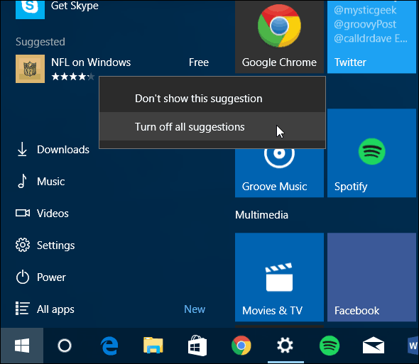 Windows 10 Başlat Menüsü Önerilen uygulamaları kapatma