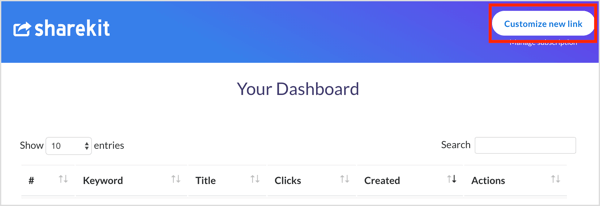 ShareKit'te Yeni Bağlantıyı Özelleştir düğmesini tıklayın.