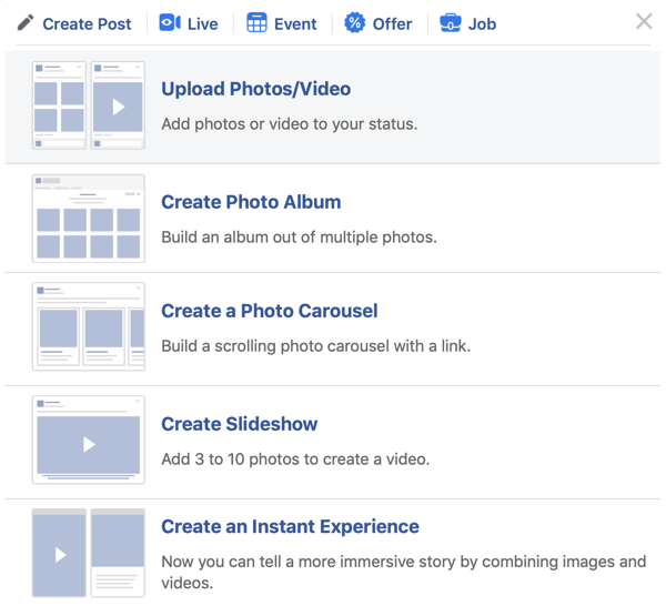 Facebook Premiere nasıl kurulur, 2. adım, fotoğraf / video yükleme seçeneği
