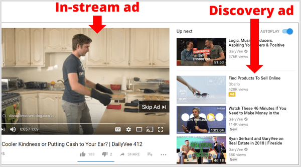 YouTube'daki yayın içi ve keşif AdWords reklamlarına örnekler.