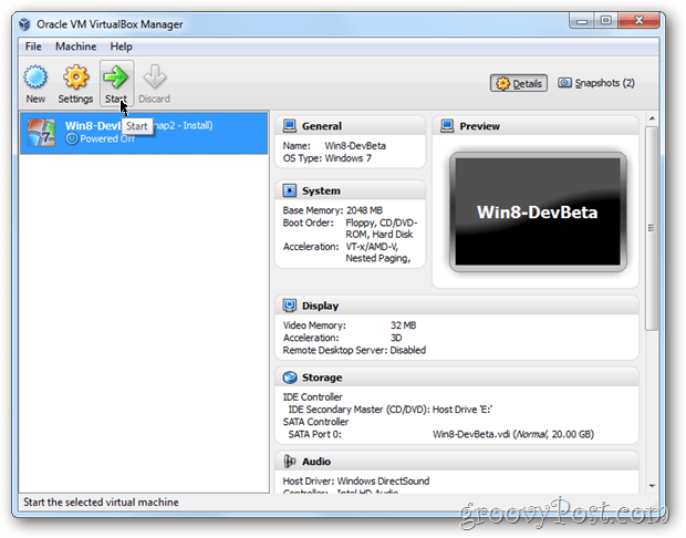 VirtualBox Windows 8 başlangıç ​​vm