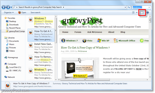 explorer pencerenizdeki arama bağlayıcısı aracılığıyla web sitelerini görüntülemek için windows 7 önizleme bölmesini kullanın