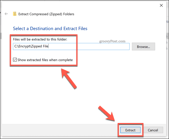 Windows zip dosyası için çıkarma seçenekleri