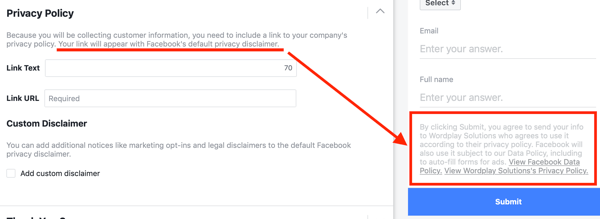 Facebook lider reklam kampanyasının seçeneklerinde yer alan bir gizlilik politikası örneği.