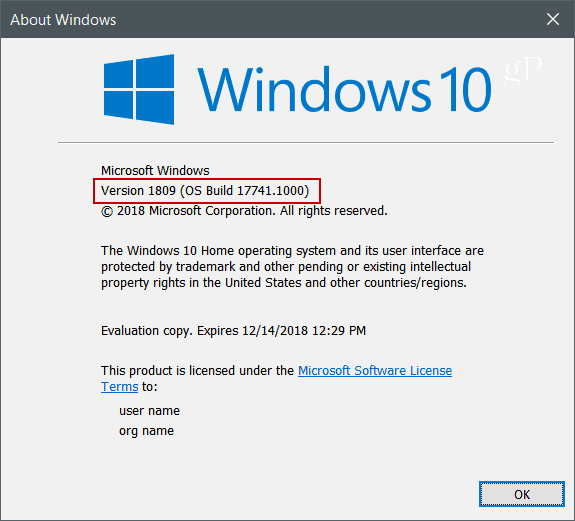 Winver Windows 10 Sürüm 1809