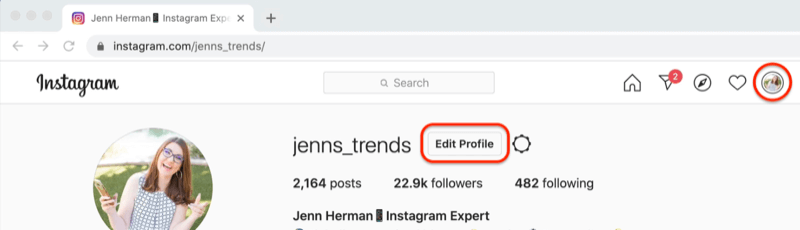 'profili düzenle' düğmesi vurgulanmış bir instagram profilinin ekran görüntüsü