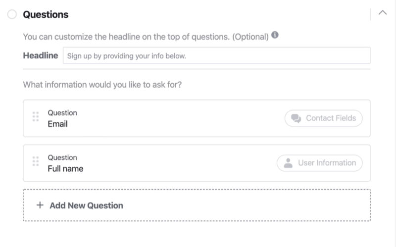 Facebook potansiyel müşteri formu kurulum sürecinin sorular bölümü