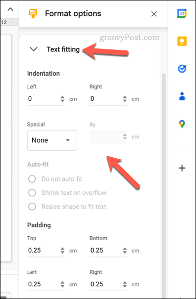 Google Slaytlar tablosu için metin sığdırma seçeneklerini değiştirme