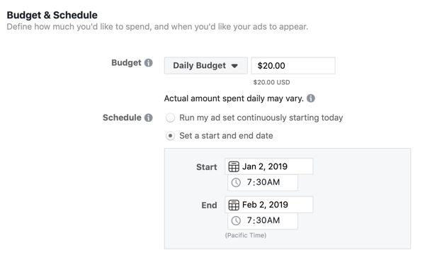 Facebook lider reklam kampanyası için bütçe ve zamanlama seçenekleri.