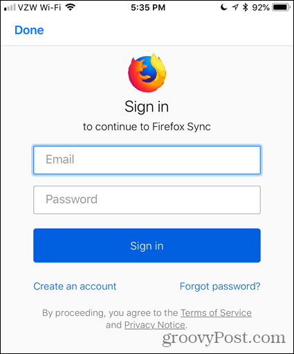 İOS için Firefox'a e-postanızı ve şifrenizi girin