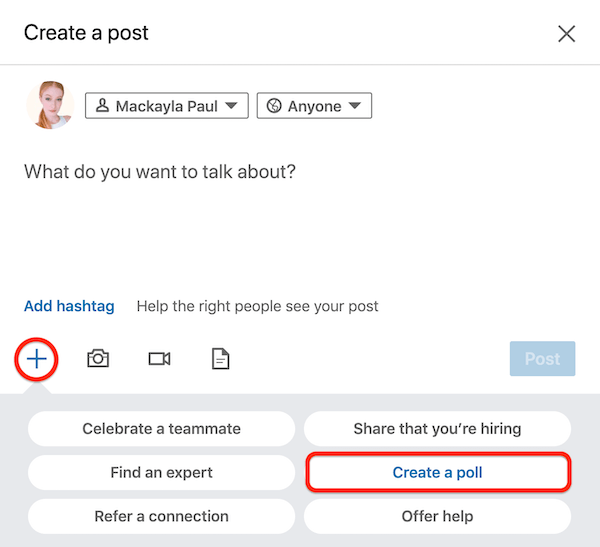 LinkedIn Anket Oluştur seçeneğiyle Gönderi Oluştur iletişim kutusu