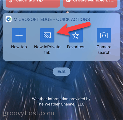 İOS'ta Edge widget'ında Yeni InPrivate Sekmesi'ne dokunun