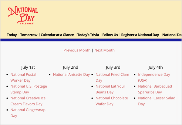 Ulusal Gün Takvimi, pazarlama hedeflerinizle uyumlu rastgele niş tatiller için bir kaynaktır.