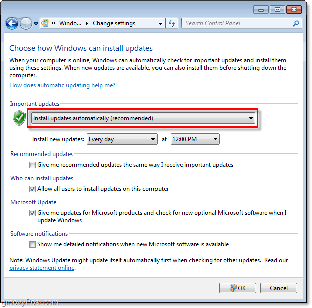 Windows 7 - Windows Update Yapılandırma Menüsü Ekran Görüntüsü