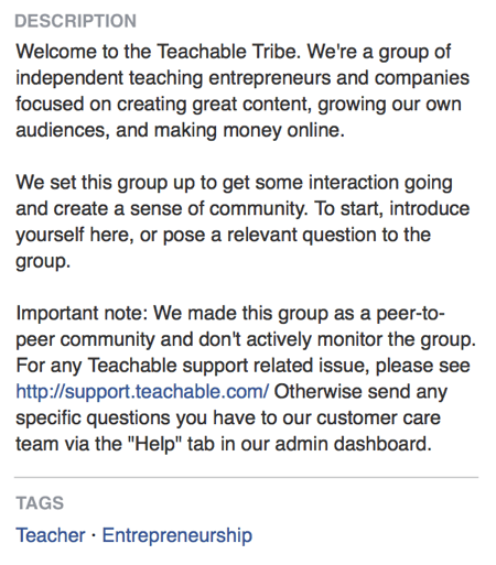 Facebook grubu açıklamasında, Teachable doğrudan Facebook grubunun bir topluluk oluşturmakla ilgili olduğunu belirtir.