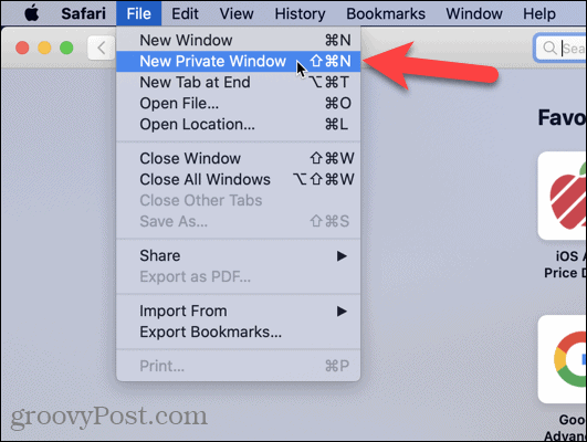 Mac'teki Safari'de Yeni Gizli Pencere'yi seçin