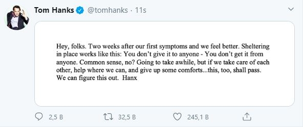 Tom Hanks iyileşti