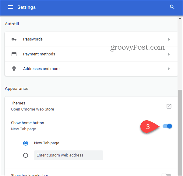 Chrome'da ana sayfa düğmesini göstermek için seçim yap