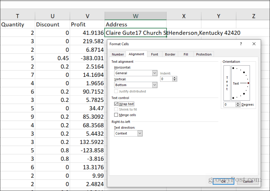 sarma metnini Excel'de ayarlama