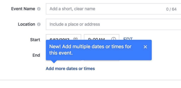 Facebook artık organizatörlerin Facebook etkinliklerine birden çok zaman ve tarih eklemesine izin veriyor.