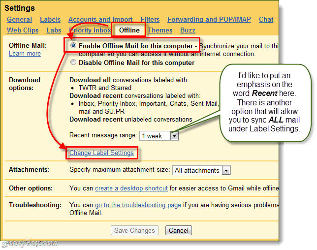 gmail bilgisayar için çevrimdışı postayı etkinleştir ve etiket ayarlarını değiştir