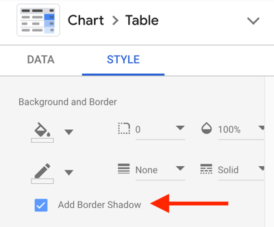 Facebook reklamlarınızı analiz etmek için Google Data Studio'yu kullanın, adım 19, görünüm için bir sınır gölgesi ekleme seçeneği