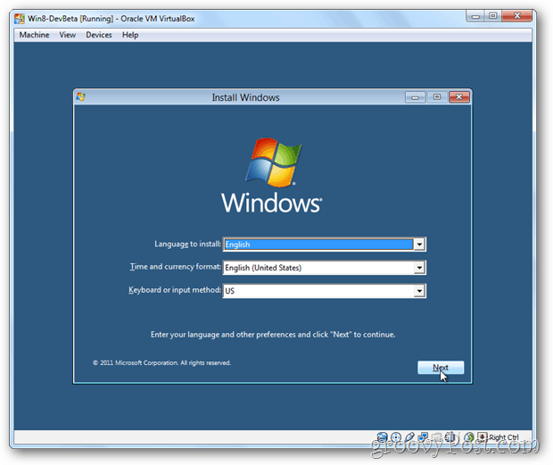 VirtualBox Windows 8 kurulum menüsü