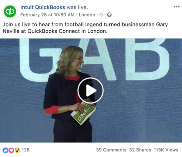 Intuit Quickooks'tan gelecek bir Canlı videoyu duyuran bir Facebook gönderisine örnek.