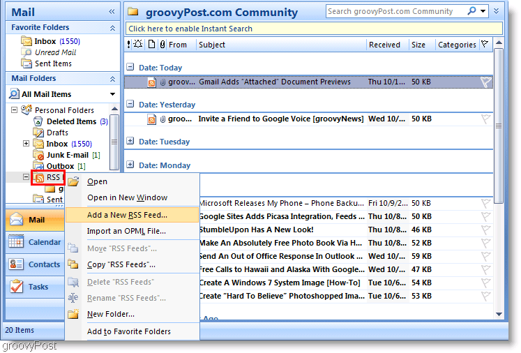 Ekran görüntüsü Microsoft Outlook 2007 Yeni RSS Yayını Ekle