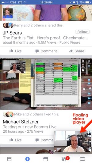 facebook mobil video sekmesi kayan video oynatıcı