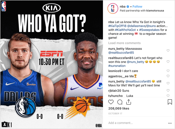 NBA, sezon başında Instagram'da maç biletlerini dağıtmak için sponsor Kia Motors ile birlikte çalıştı.