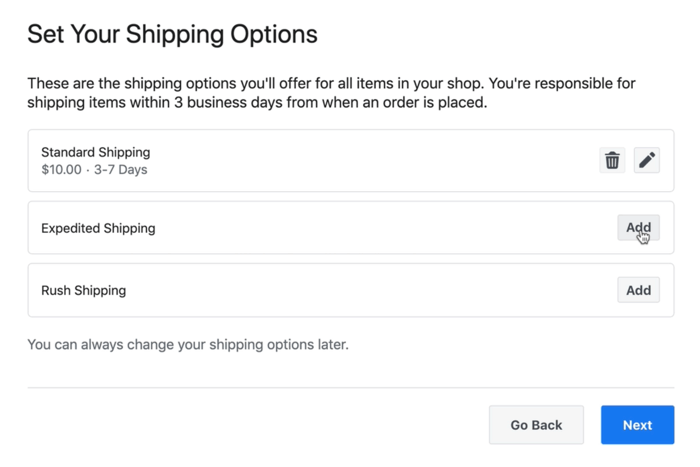 mevcut olabilecek facebook mağazası gönderim seçeneklerinin ekran görüntüsü örneği