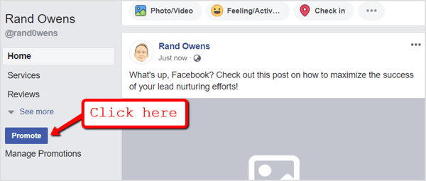 Facebook sayfanıza gidin ve gezinme sekmelerinin altındaki Tanıt düğmesine tıklayın.