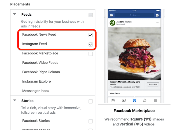 Facebook Reklam Yöneticisi'nde reklam kümesi düzeyinde seçilen Facebook Haber Kaynağı ve Instagram Yayını yerleşimleri