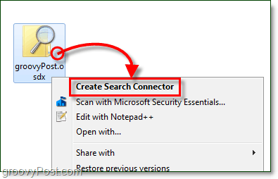 masaüstünüze sağ tıklayın ve ardından bir arama bağlayıcısı olan osdx dosyasına tıklayın ve ardından Windows 7 için arama bağlayıcısı oluştur'a tıklayın