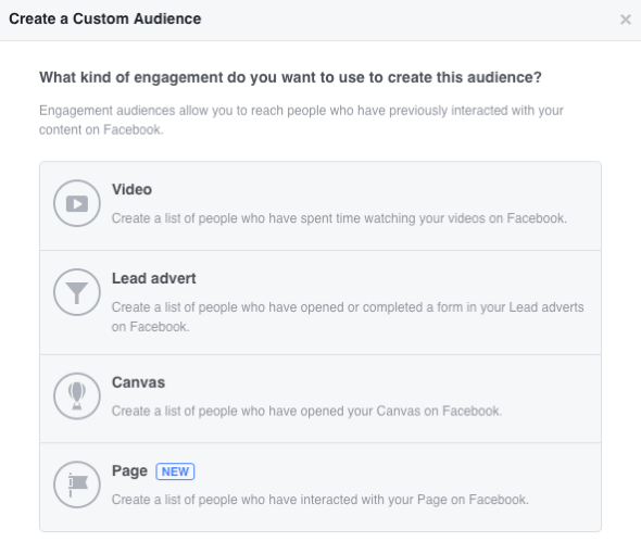 Facebook, dört etkileşime dayalı özel kitle oluşturmanıza olanak tanır.