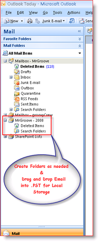 Outlook 2007 gelen kutusunda Gezinti Bölmesi'nde .PST Kişisel Veri Dosyası görüntüleniyor:: groovyPost.com