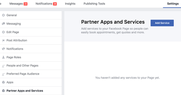 Facebook sayfanızın Ayarlarında İş Ortağı Uygulamaları ve Hizmetleri'ni tıklayın.